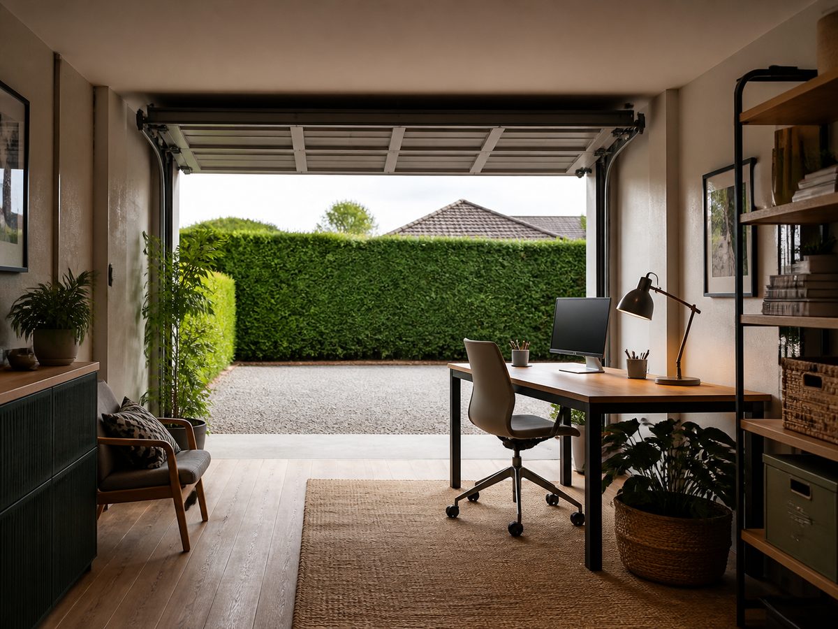 Garage converted into a home office with a glazed door