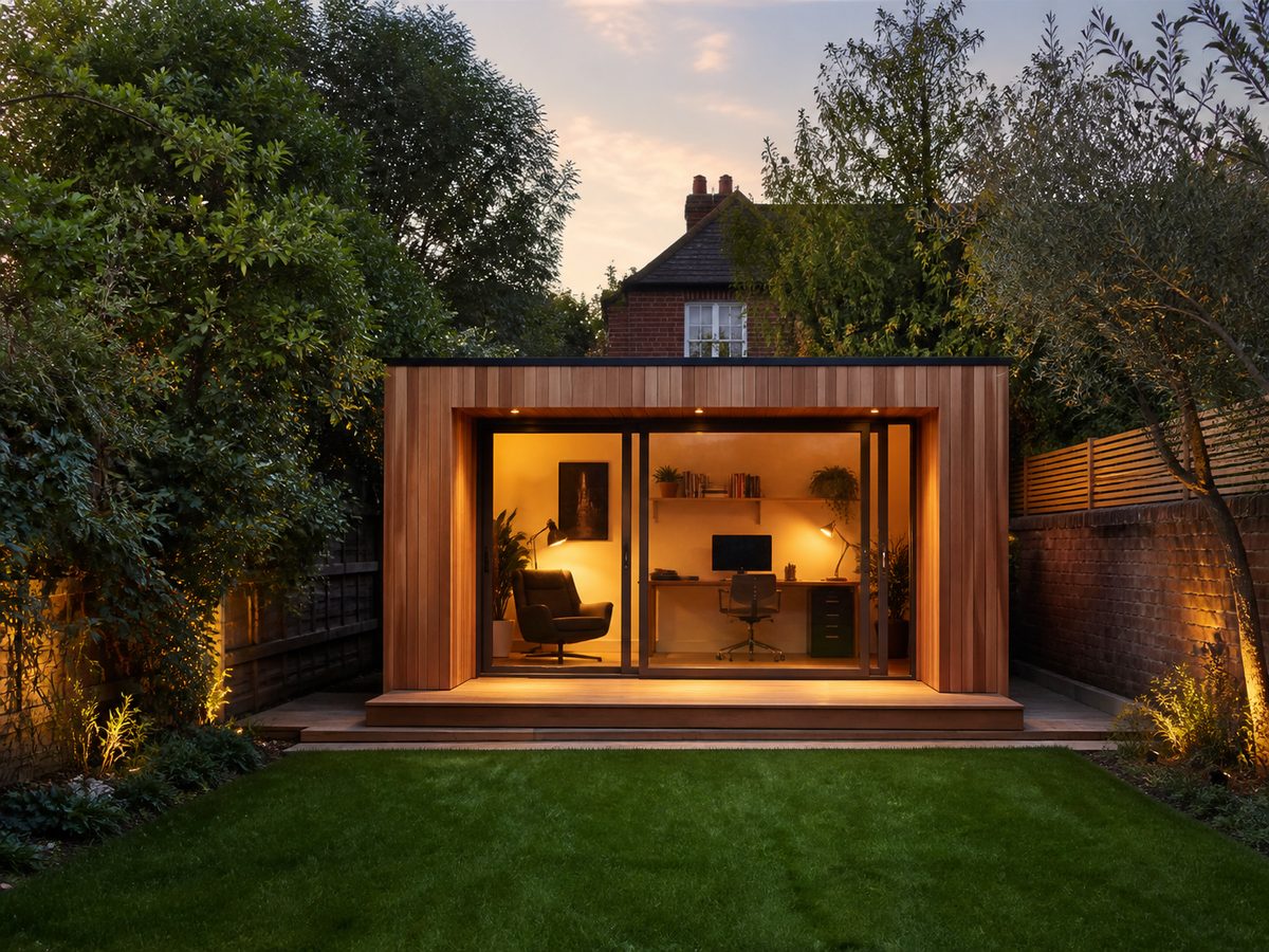 Cedar-clad garden room office with full-height glazing