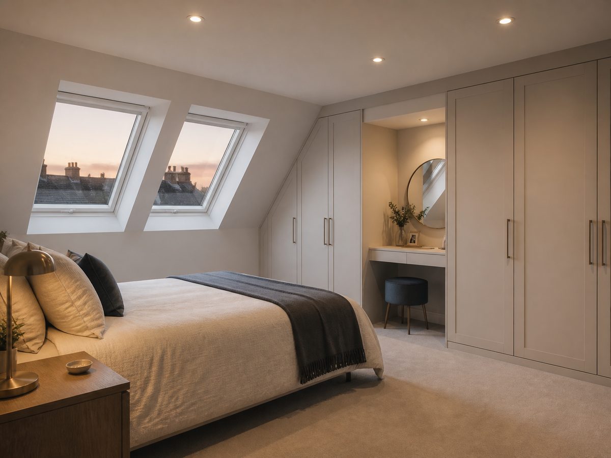 Completed dormer loft conversion with Velux windows and built-in wardrobes