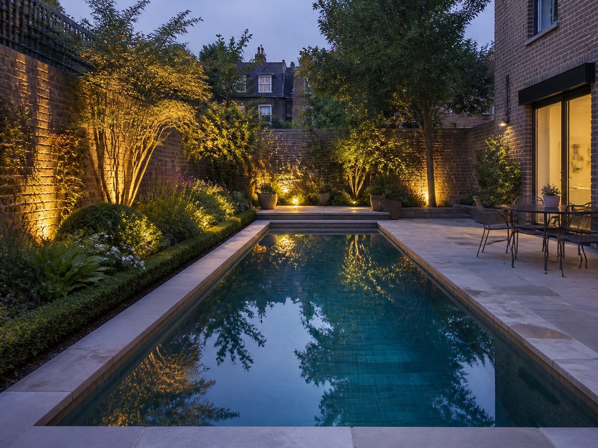 In-ground swimming pool in a landscaped townhouse garden