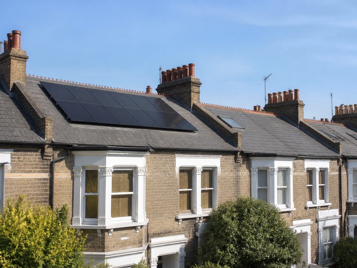 Black solar panels on the slate roof of a London terraced house