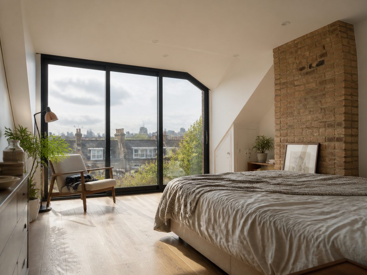 A bright dormer loft conversion bedroom with full-height glazing overlooking London rooftops